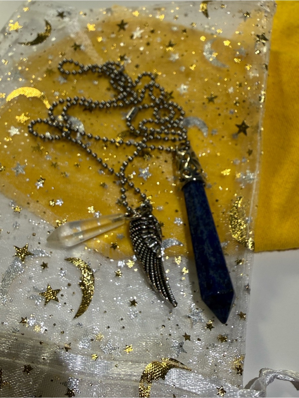 Lapis Lazuli Point Pendant Necklace with Silver Wing & Clear Crystal Charm
